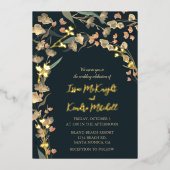 ネイビエレガントベージュワイルドフラワー植物学結婚校 箔招待状 (正面)