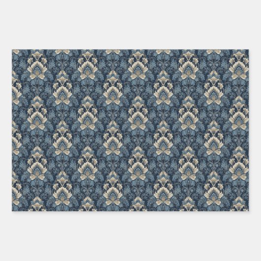 ネイビエレガントーとアイボリーのダマスクのジャカードパターン ラッピングペーパーシート (正面3)