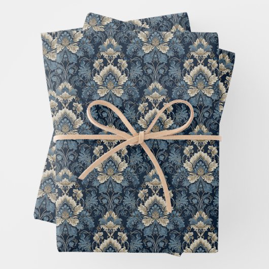 ネイビエレガントーとアイボリーのダマスクのジャカードパターン ラッピングペーパーシート (インサイチュ)