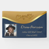 ネイビエレガントーとブルーの写真卒業バナー 横断幕 (横)