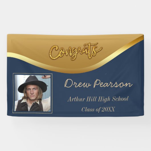 ネイビエレガントーとブルーの写真卒業バナー 横断幕 (横)