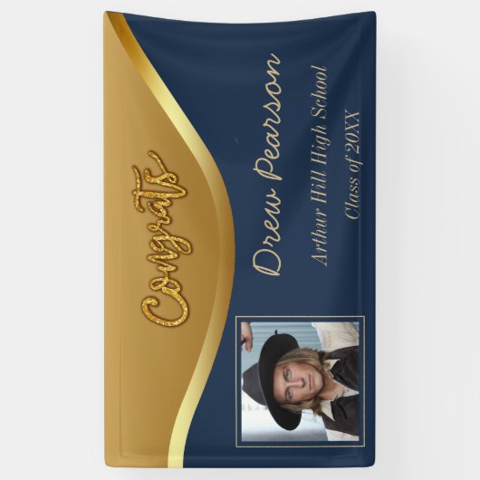 ネイビエレガントーとブルーの写真卒業バナー 横断幕 (縦)