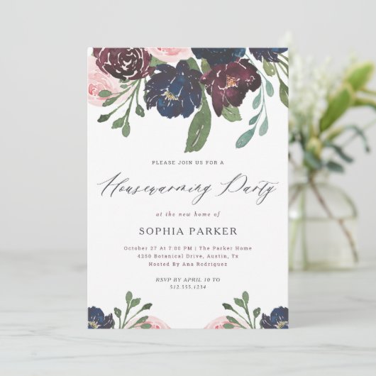 ネイビエレガントーとプラムフローラ |引っ越し祝いパーティーパーティー 招待状 (スタンド正面)