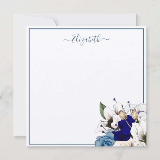 ネイビエレガントーと埃っぽいブルーのフローラパーソナライズされた ノートカード (正面)