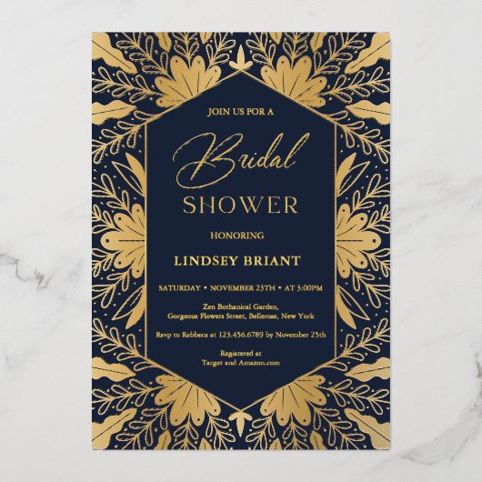 ネイビエレガントーと実在金ゴールドフォイルのスクリプトレタリング 箔招待状 (正面)