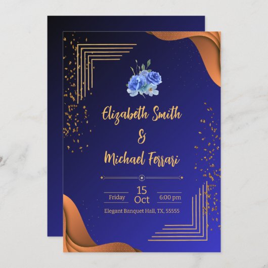 ネイビエレガントーと燃えたオレンジ色のエレガントな結婚式 招待状 (正面/裏面)