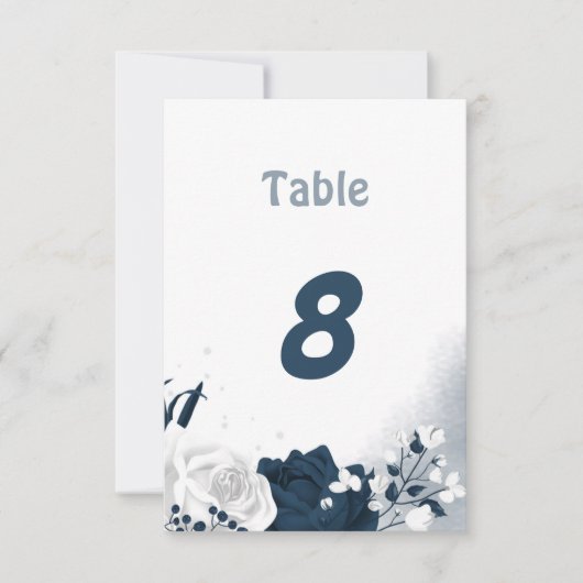 ネイビエレガントーと白の花のテーブル番号 招待状 (正面)