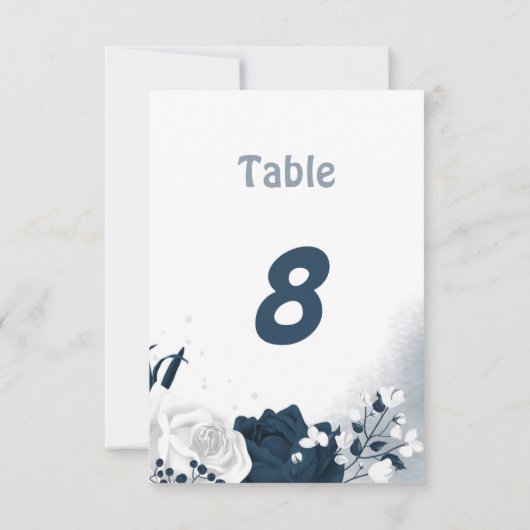 ネイビエレガントーと白の花のテーブル番号 招待状 (裏面)