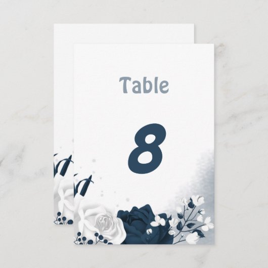 ネイビエレガントーと白の花のテーブル番号 招待状 (正面/裏面)