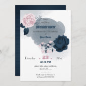 ネイビエレガントーと白の花の誕生日 招待状 (正面/裏面)