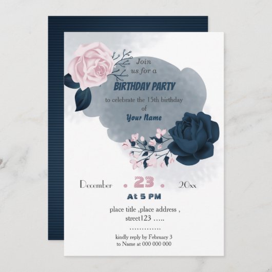 ネイビエレガントーと白の花の誕生日 招待状 (正面/裏面)