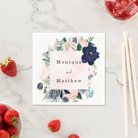 ネイビエレガントーと赤面ピンクのフローラ結婚ズ スタンダードカクテルナプキン (インサイチュ)