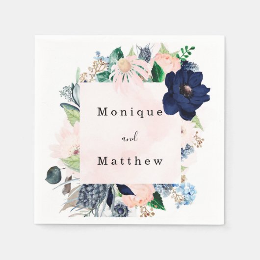 ネイビエレガントーと赤面ピンクのフローラ結婚ズ スタンダードカクテルナプキン (正面)
