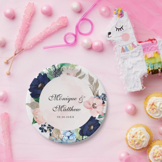 ネイビエレガントーと赤面ピンク花模様結婚ズ ペーパープレート (パーティー)