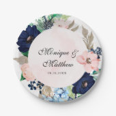 ネイビエレガントーと赤面ピンク花模様結婚ズ ペーパープレート (正面)