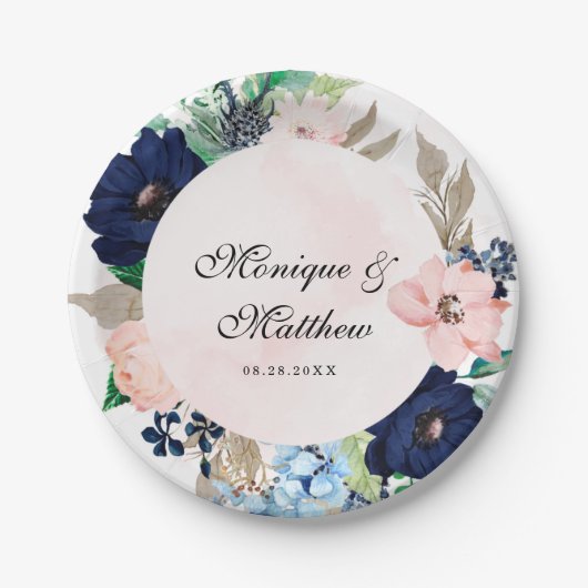 ネイビエレガントーと赤面ピンク花模様結婚ズ ペーパープレート (正面)