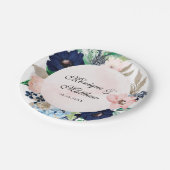 ネイビエレガントーと赤面ピンク花模様結婚ズ ペーパープレート (アングル)