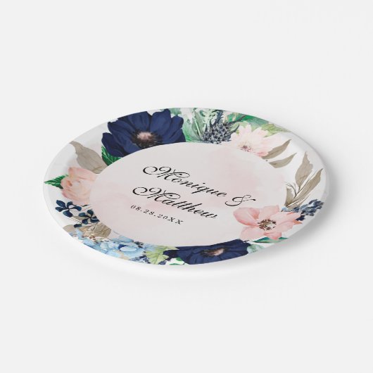 ネイビエレガントーと赤面ピンク花模様結婚ズ ペーパープレート (アングル)