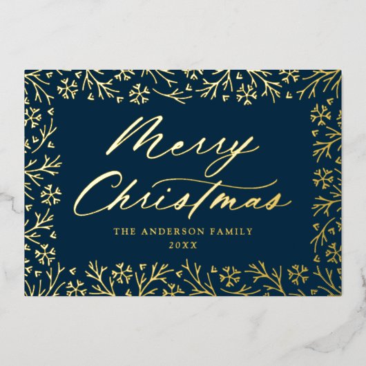 ネイビエレガントーと金ゴールドのスノーフレーク非写真 箔シーズンカード (正面)