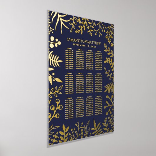 ネイビエレガントーと金ゴールドの結婚フローラの座席表 箔ポスター (レイダウン)