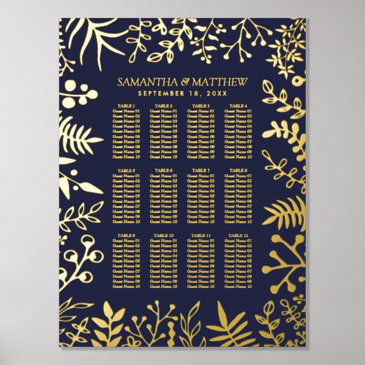 ネイビエレガントーと金ゴールドの結婚フローラの座席表 箔ポスター (正面)