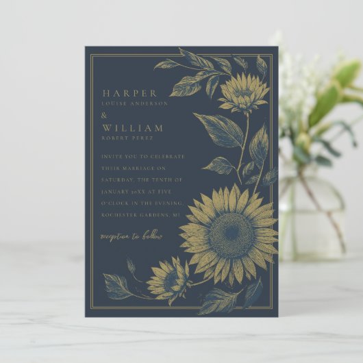 ネイビエレガントーと金ゴールドひまわり結婚の 招待状 (スタンド正面)