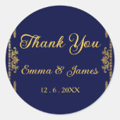 ネイビエレガントーと金ゴールドサンキュー結婚式の引き出物 ラウンドシール (正面)