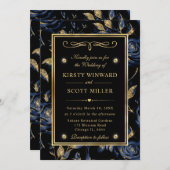 ネイビエレガントーと金ゴールドバラフローラルパタ結婚ーン 招待状 (正面/裏面)