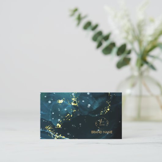 ネイビエレガントーと金ゴールドマーブルスタイルデザイン 名刺 (スタンド正面)