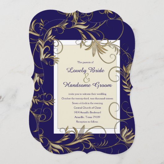 ネイビエレガントーと金ゴールド結婚式招待状 招待状 (正面/裏面)