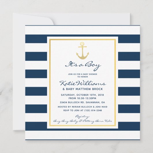 ネイビエレガントーと金ゴールド航海のいかりベビーシャワー 招待状 (正面)