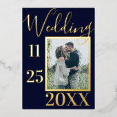 ネイビエレガントーはっきりしたブルーいかり写真結婚の金ゴールド 箔招待状 (正面)