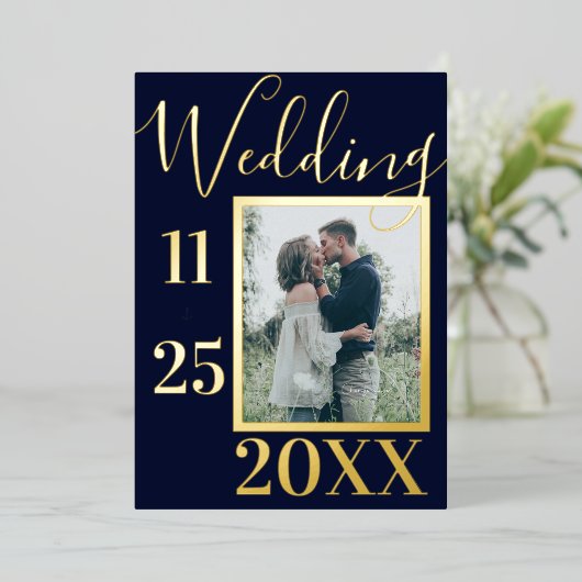 ネイビエレガントーはっきりしたブルーいかり写真結婚の金ゴールド 箔招待状 (立ち正面)