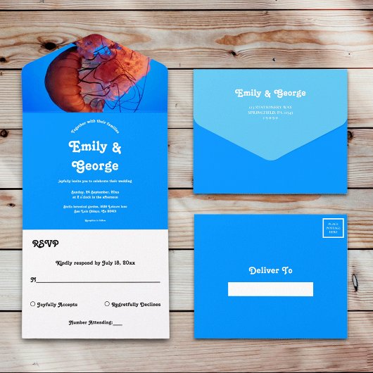 ネイビエレガントーク航海のクラゲ結婚沿岸 オールインワン招待状