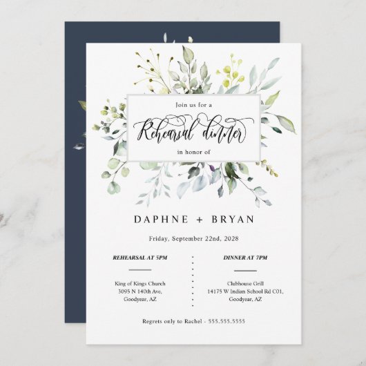 ネイビエレガントーグリーン離れリハーサルのディナー写真 招待状 (正面/裏面)
