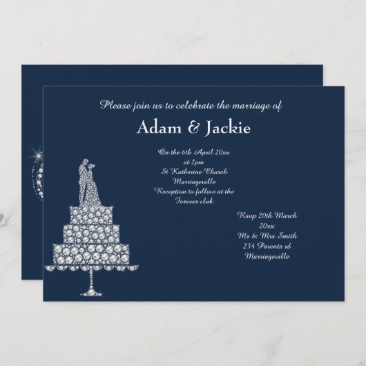 ネイビエレガントーダイヤモンドセ結婚ット 招待状 (正面/裏面)