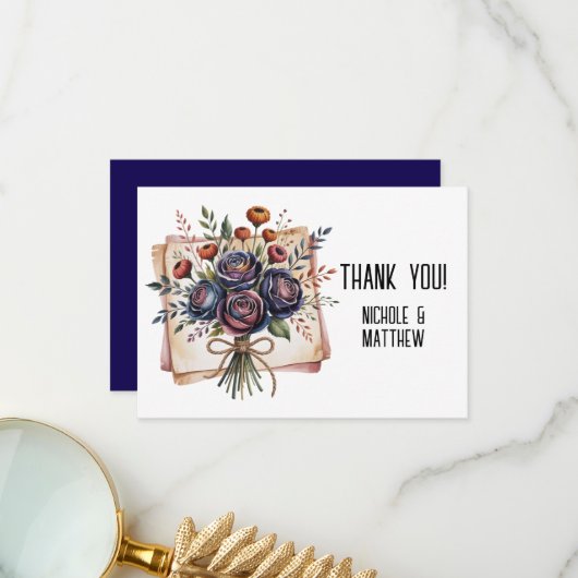 ネイビエレガントーバラとコーラル結婚ズ サンキューカード (正面/裏面インサイチュ)