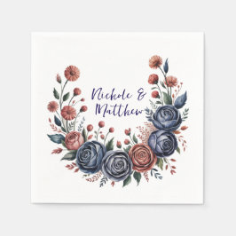 ネイビエレガントーバラとテラコッタ花模様結婚ズ スタンダードカクテルナプキン