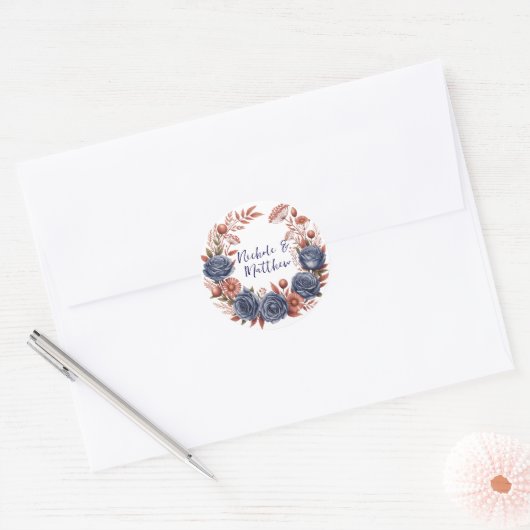 ネイビエレガントーバラとテラコッタ花模様結婚ズ ラウンドシール (封筒)