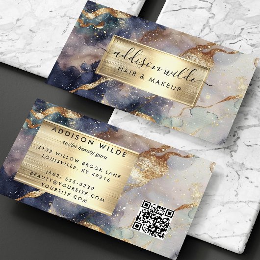 ネイビエレガントーパープルと金ゴールド水彩大理石 名刺