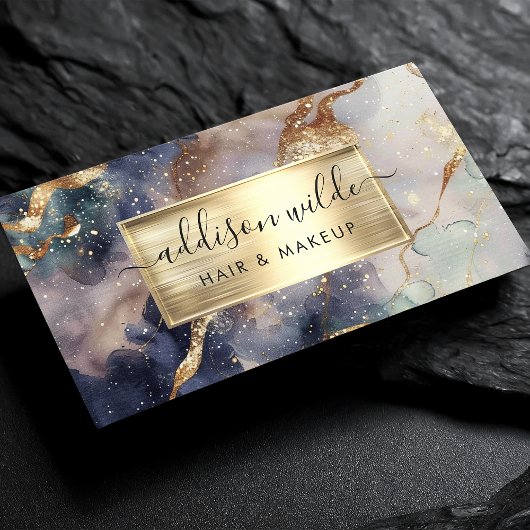 ネイビエレガントーパープルと金ゴールド水彩大理石 名刺