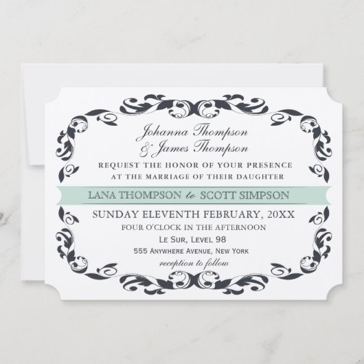 ネイビエレガントービクトリアン・フローリ結婚ー 招待状 (正面)