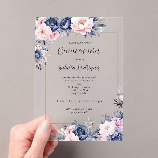 ネイビエレガントーピンクフローラフォーマルキンセアニェラ アクリル招待状 (インサイチュ (ポータブル))
