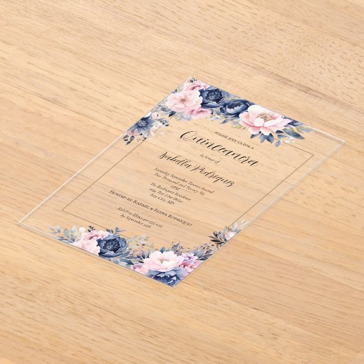 ネイビエレガントーピンクフローラフォーマルキンセアニェラ アクリル招待状 (レイダウン)