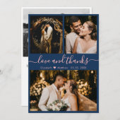 ネイビエレガントーピンク3フォトコラージュ結婚ズ サンキューカード (正面/裏面)