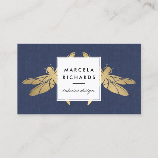 ネイビエレガントーフェイク・リネンの金ゴールド・ドラゴンフライ・デュオ 名刺 (正面)