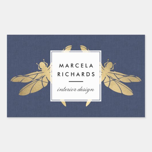 ネイビエレガントーフェイク・リネンの金ゴールド・ドラゴンフライ・デュオ 長方形シール (正面)