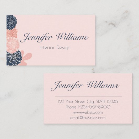 ネイビエレガントーフェミニンブルーと赤面ピンクのフローラ 名刺 (正面/裏面)