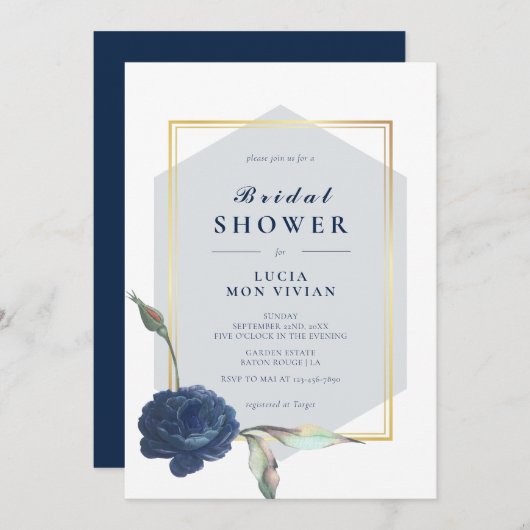 ネイビエレガントーフォーマルゴールデンフレームブライダルシャワー 招待状 (正面/裏面)