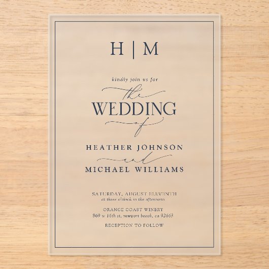 ネイビエレガントーフォーマルブルー書道結婚の作品 アクリル招待状 (正面)